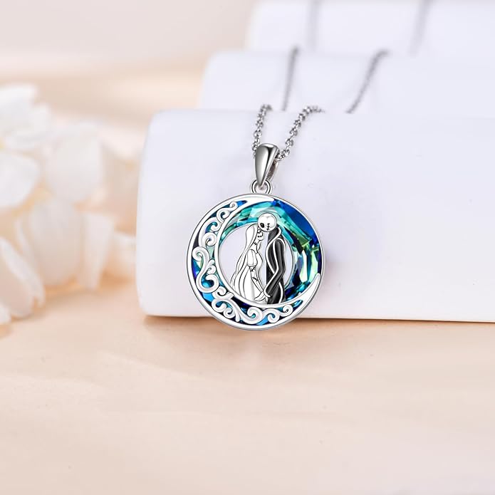 LILALO Christmas Gifts Nightmare Necklace Sterling Silver Abalone Shell Crystal Jack and Sally Necklace Jack Skellington Skull Jewelry Skull Necklaces for Women