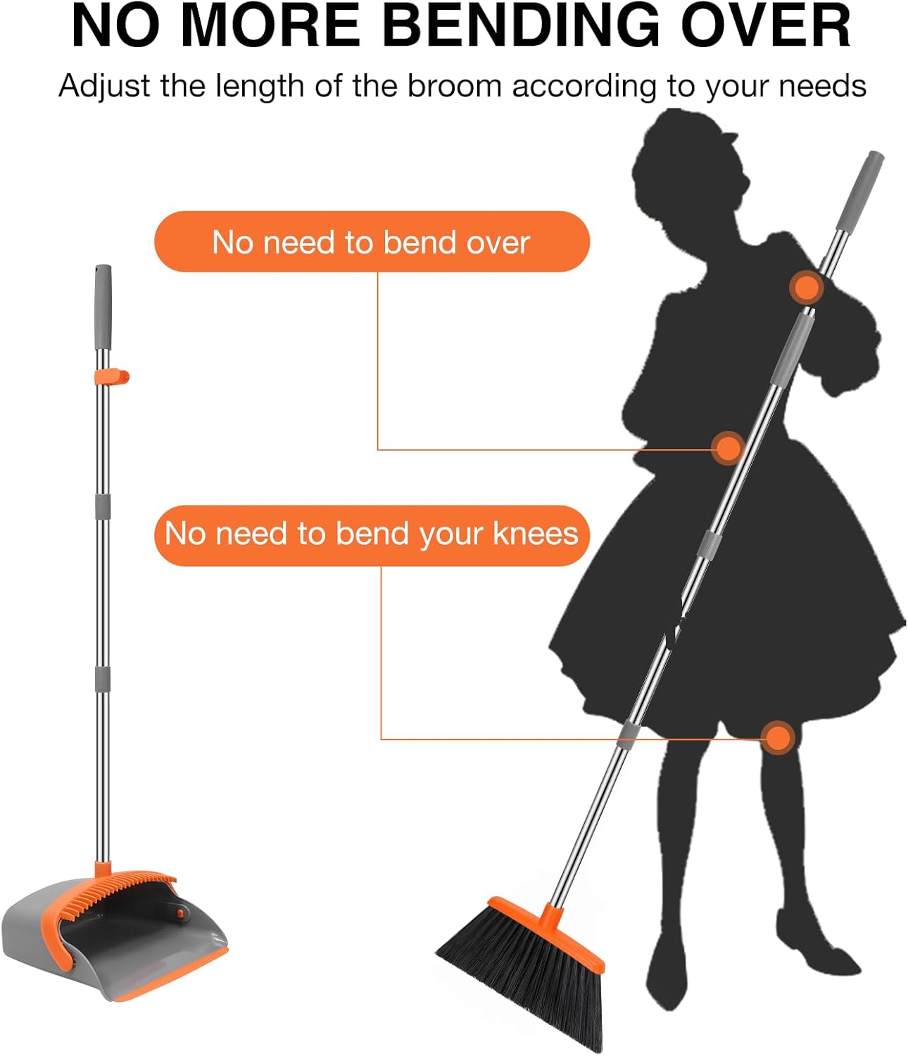 NACENA Broom and Dustpan Set, 52-in Long Adjustable Handle Broom Dustpan Combo with Dustpan Teeth to Automatically Clean Hair Suitable for Home Kitchen Office Hall Floor (Grey&Orange), 4 Pack