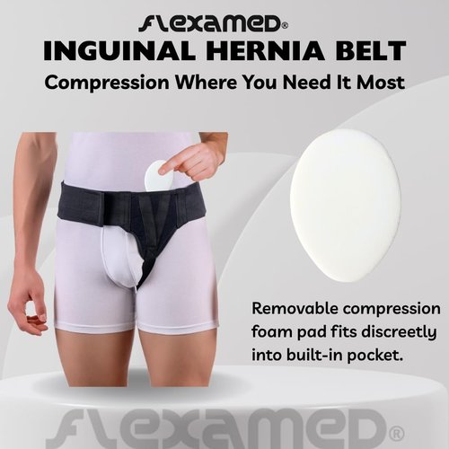 FlexaMed Right Side Inguinal Hernia Support Belt for Men and Women – Groin Truss with Compression Pad, Adjustable Waist Support, Black, Medium (32–36 Inch)