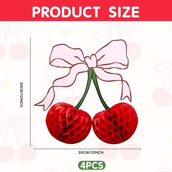 3D Cherry Bow Honeycomb Decorations, 4-Pcs 12 Inch Large Cherry Table Decorations and Cherry On Top Centerpieces, Cherry Decoration for Birthdays Party, Baby Shower & Home Cherry Decorations
