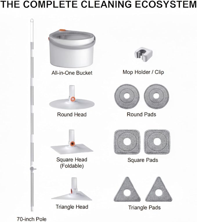 3-in-1 Precision Spin Mop & Bucket System, 71” Extra-Long Handle, Clean-Water Separation, 3 Specialized Heads for Baseboards & Corners, Compact for Hardwood & Micro-Porous Floors