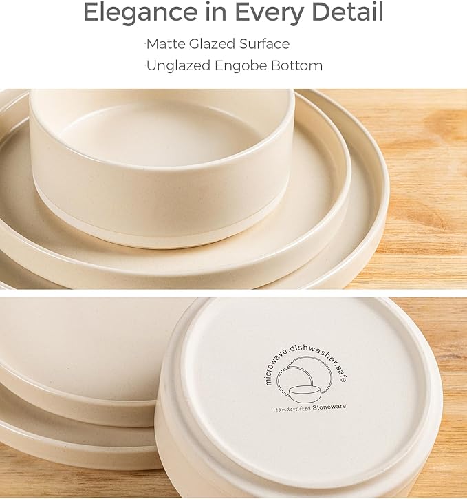 TheTerra Ceramic Dinnerware Sets for 8, 24 Pieces Handmade Reactive Glaze Plates and Bowls Set, Scratch Resistant Dish Set, Oven & Microwave & Dishwasher Safe, Matte White