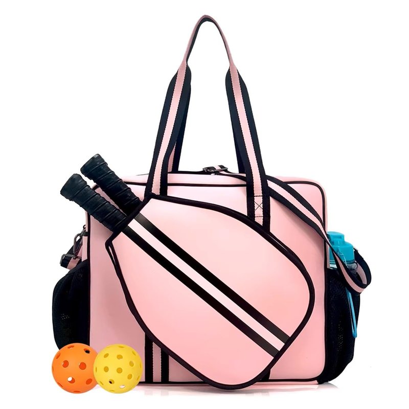 Pickleball Sports Tote Bag with Racket Holder, Neoprene, Adjustable Shoulder Strap (Pink)