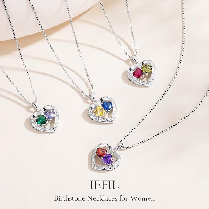 Iefil Christmas Gifts for Women Wife - 925 Sterling Silver Heart Birthstone Necklace, Anniversary Birthday Gifts for Women Wife Girlfriend Mom, Birthstone Jewelry Gift for Her