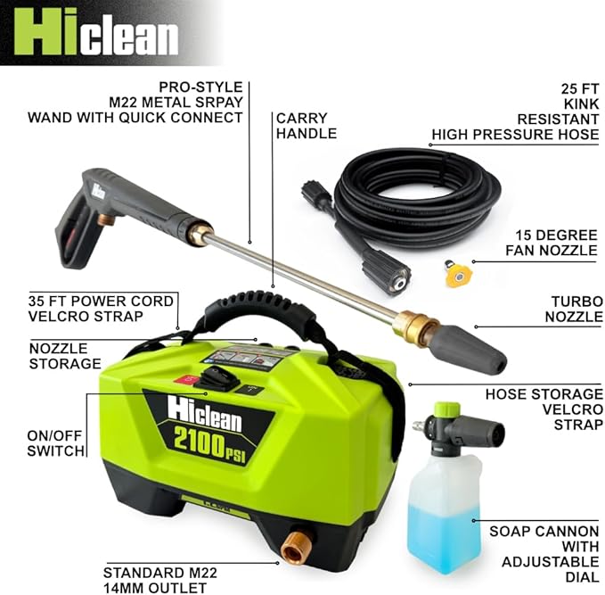 Hiclean Electric Pressure Washer 2100 PSI - Portable Power Washer for Car Detailing, Patios, Fences and Outdoor Cleaning, Compact Design with Foam Cannon, Turbo and Fan Nozzles, ETL Certified