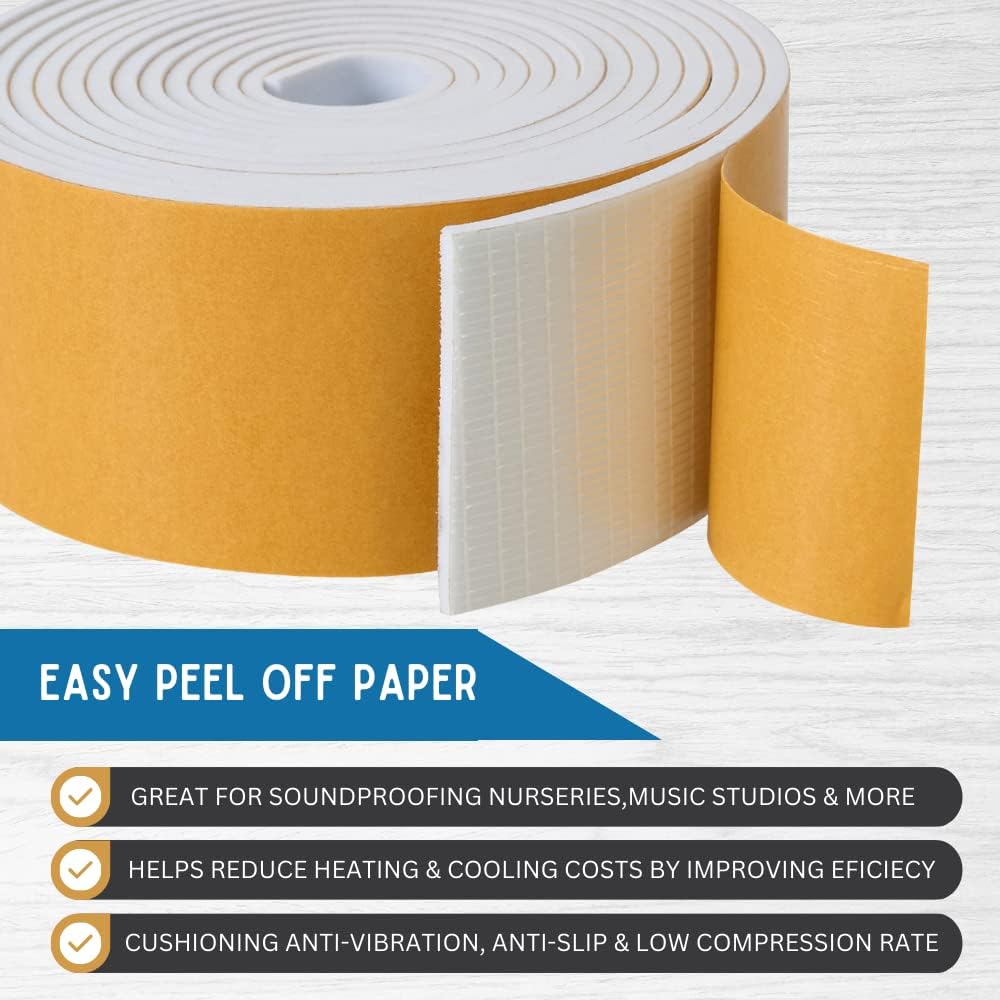 High Density Foam Weather Stripping Door Seal Strip Insulation Tape Roll for Insulating Door Frame, Window, Air Conditioner | Self Adhesive Sealing Weatherstrip (2 in x 1/16 in x 10 Ft, White)