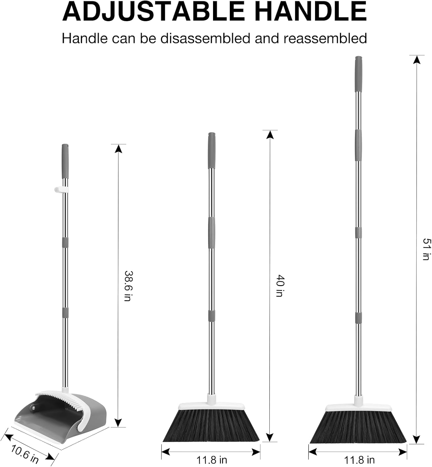 NACENA Broom and Dustpan Set, 52-in Long Adjustable Handle Broom Dustpan Combo with Dustpan Teeth to Automatically Clean Hair Suitable for Home Kitchen Office Hall Floor (Grey&White), 2 Pack
