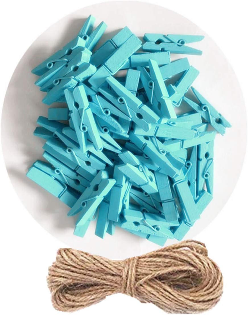 DurReus 50pcs Small Wood Clothes Pins Pegs Hangers Picture Display Art Crafts Clip Clamps String Wire Clothesline Party Office Decor Bright Blue
