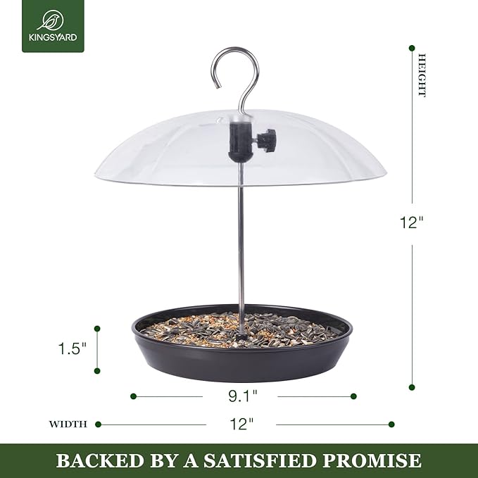 Kingsyard Adjustable Platform Bird Feeder for Outdoors, Hanging Metal Seed Tray with Clear Rain Proof Dome, Large Capacity for Wild Bluebird Cardinal Goldfinches, Black