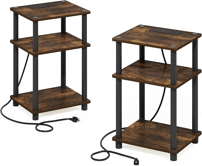 Furinno JUST Side Table Set of 2, 3-Tier Modern End Table with Charging Station, Open Shelf Night Stand, Bedside Table with USB and Type-C Port, for Living Room, Bedroom, Amber Pine