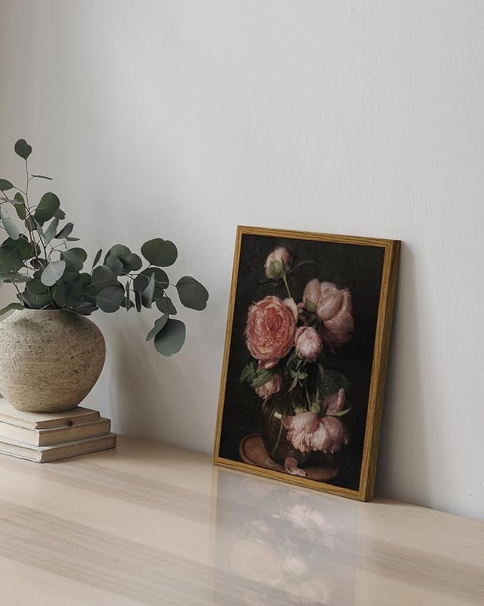 InSimSea Framed Canvas Prints Art Vintage Decor, Flower Pictures Decor Aesthetic, Small Desk Shelf Decorations, Rose Floral Paintings For Bedroom Bedroom Office, 8"x10"