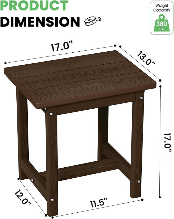 Outdoor Side Table – 17" HDPE Adirondack Side Tables, Sturdy Small Outdoor Porch Tables, Weather-Resistant & Easy Assembly Patio End Table for Garden, Balcony, Porch & Poolside (Brown)
