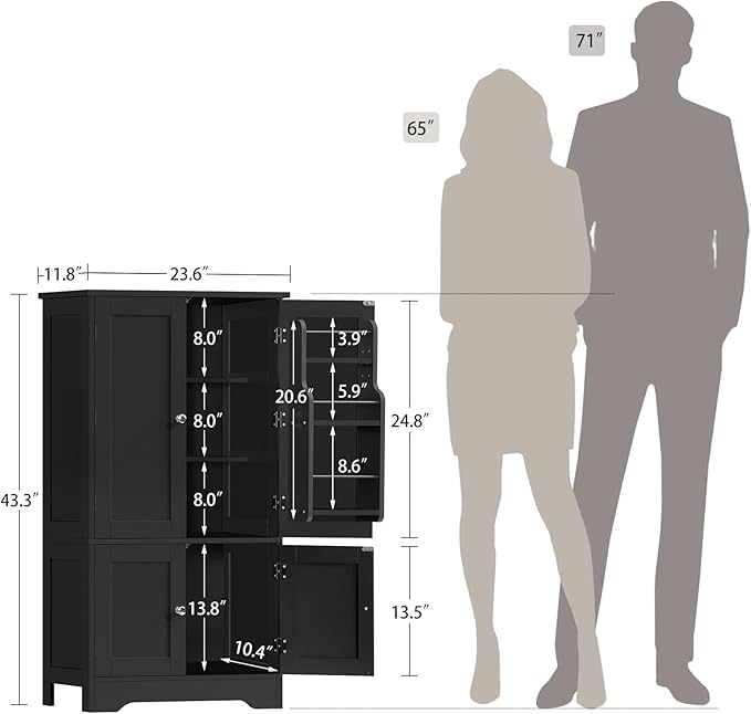 TEENFON Storage Cabinet with 4 Doors, Kitchen Cabinet with 6 Door Shelves, Kitchen Pantry for Living Room, Dining Room, Bathroom, Black