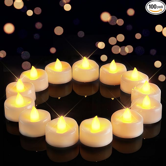 Flameless Candles, 100-Pack Tea Lights Candles Battery Operated Bulk, Flameless Tealight Candles, LED Tea Lights for Christmas Halloween Wedding Fall Decor, 1.5'' D X 1.25'' H, Warm Yellow