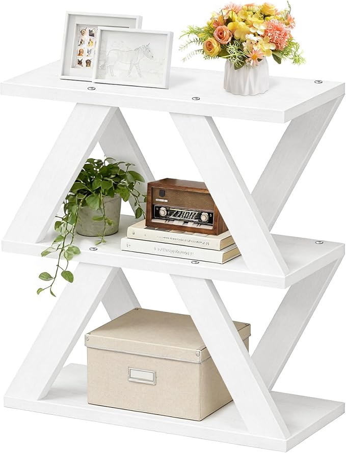 3 Tier Side Table with Side Guard Rails & Anti-Slip Pads, Narrow End Table for Small Spaces, Slim Nightstand with Storage Shelves for Bedroom, Living Room, White