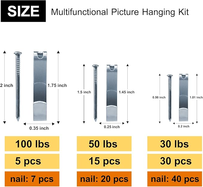 117Pcs Picture Hangers, 3 Size Picture Hooks Including 30/50/100lbs, Picture