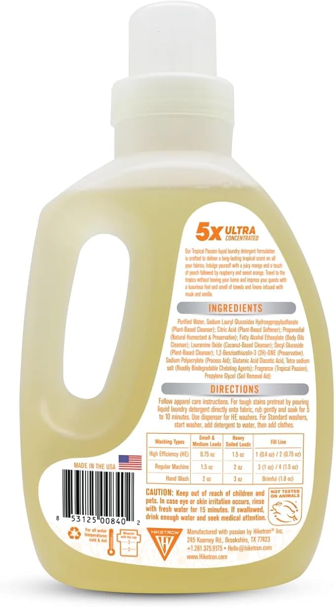 Hiketron Tropical Passion Liquid Laundry Detergent, 5x Ultra Concentrated, Tough Stains Remover, Long Lasting Scent (40 Fl Oz, Pack of 1)