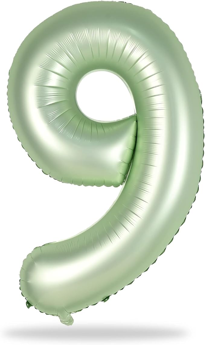 40'' Sage Green Number 9 Balloon, Self Inflating Foil Number Balloons Set 0-9, Olive Green Digital 9 Helium Balloon for Girls Boys 9th Jungle Safari Birthday Party Decorations Anniversary Supplies