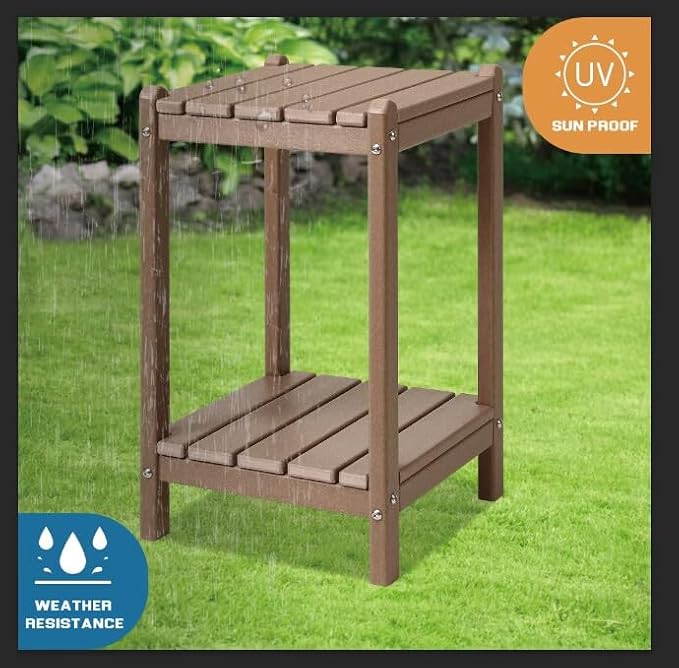 LZRS 24" Double Adirondack Outdoor Side Table, Pool Composite Patio Table,HDPE End Tables for Backyard,Pool, Indoor Companion, Easy Maintenance & Weather Resistant(Weathered Wood)
