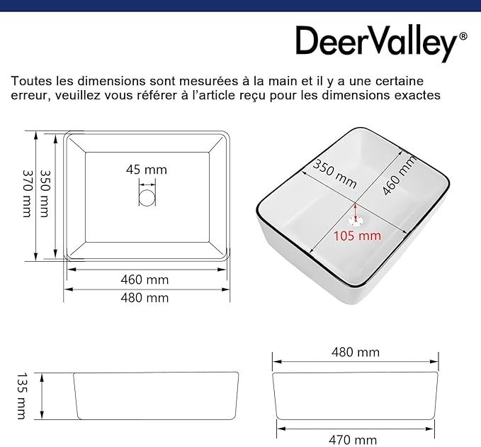 DeerValley 19" x 15" Bathroom Sink, Bathroom Vessel Sink Rectangular Above Counter Vessel Sinks, White Body Black Trim Vessel Sink, Porcelain Ceramic Vessel Vanity Sink Art Basin, DV-1V0002
