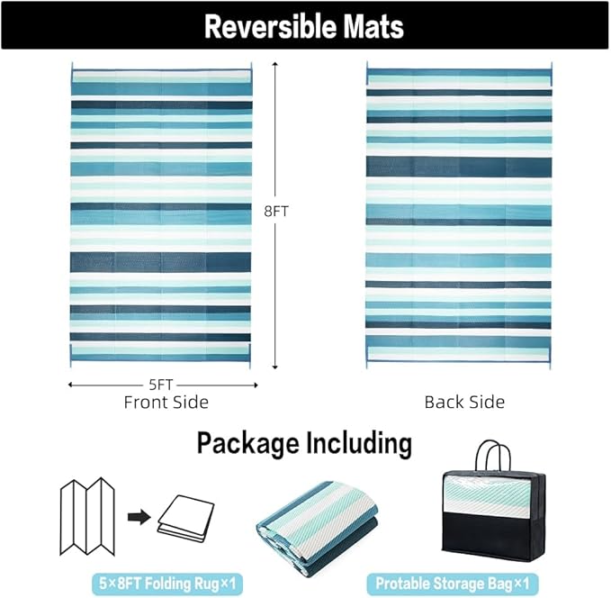 HUGEAR Outdoor Plastic Straw Rug, Waterproof Mat, Washable Large Floor Mat and Rug for Outdoors, RV, Beach, Patio, Camping, Backyard, Deck, Picnic, Indoor Outside (5x8ft,Stripe/Turquoise&White)