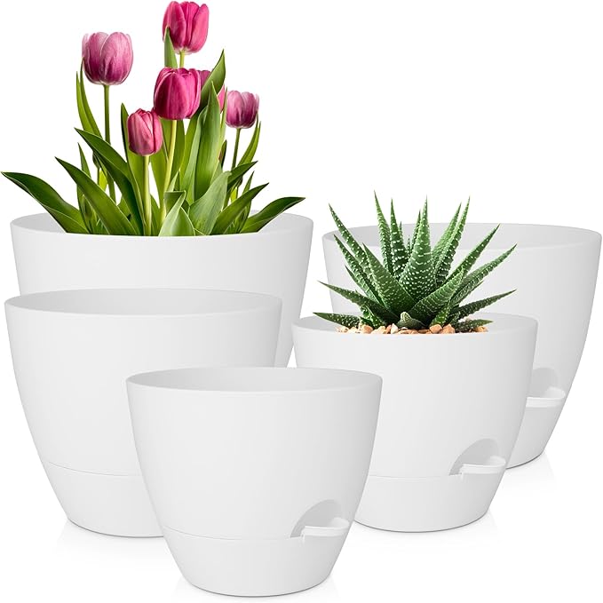 QRRICA Plant Pots 10/9/8/7.5/7 Inch Self Watering Pots, Set of 5 Plastic Planters with Drainage Holes and Saucers,Plastic Flower Pots,Nursery Planting Pot for Indoor Out Door Plants(Pure White)