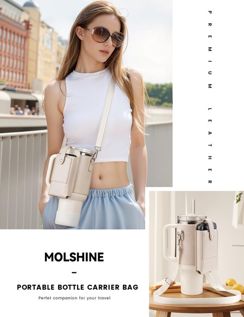 molshine Water Bottle Carrier Bag Holder with Phone Pocket Adjustable Strap for Stanley 30 40oz, Insulated PU Leather Cover Sleeve Sling Crossbody Bag for Walking Camping Hiking Travelling (Beige)