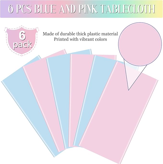 MASHAN 6Pack Gender Reveal Tablecloths, Disposable Plastic Pink and Blue Tablecloth, Rectangle Table Covers for Boy or Girl Baby Shower Party Decorations,54×108 Inch
