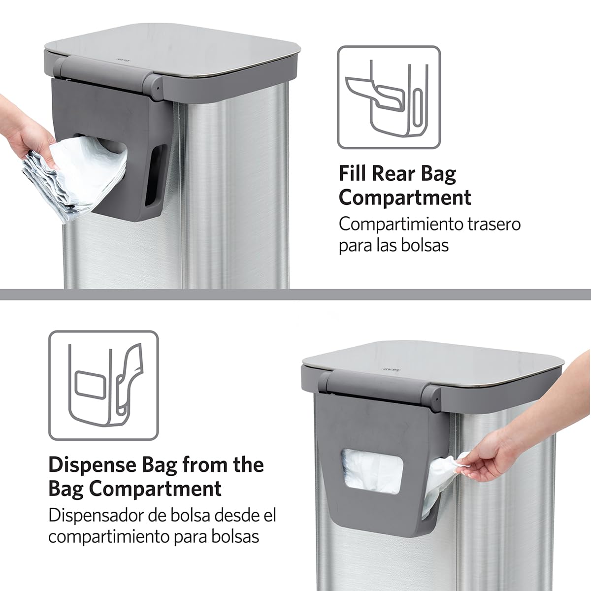 Glad Stainless Steel Step Trash Can, Series 2 with Clorox Protection - Large Metal Kitchen Garbage Bin with Soft Close Lid, Foot Pedal and Waste Bag Roll Holder, 13 Gallon
