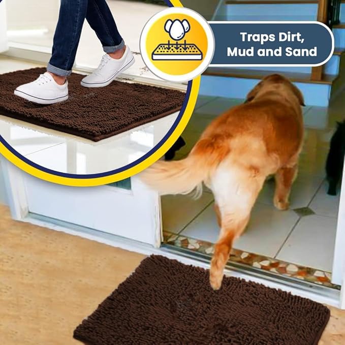 Muddy Mat® | Super Water Absorbent Door Mat Indoor, Microfiber Quick Dry Chenille Entryway Rug, Slip Resistant Front Door Mat, Indoor Mats for Entryway, Machine Washable Pet Rug, Brown 24"x96"