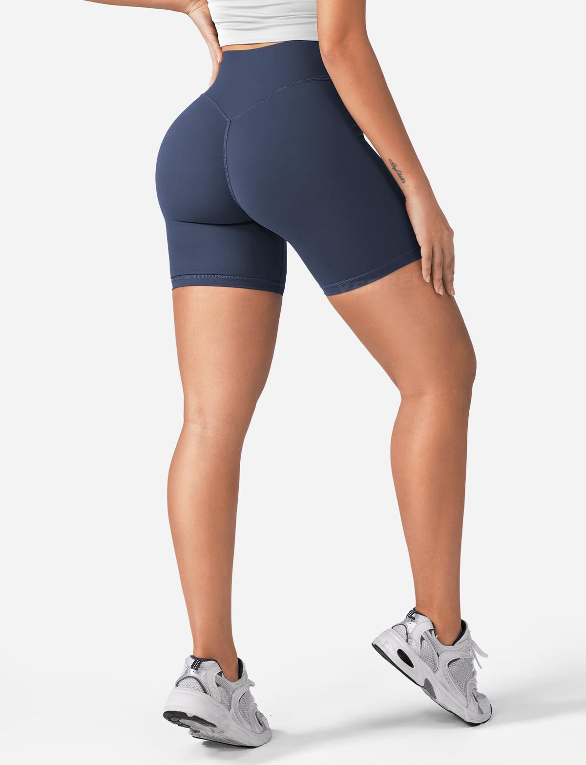 YEOREO Women's Biker Shorts 4.5" / 6" Workout Gym Shorts Craze High Waist Tummy Control Hidden Scrunch Running Yoga Navy Blue XL