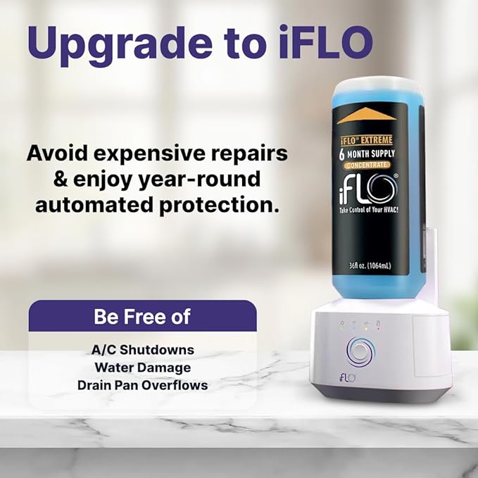 iFLO® Smart A/C Drain Line and Drain Pan Cleaner for HVAC System, Clog-Free, Easy Installation & App-Controlled Air Conditioner Maintenance, Includes 36oz Cleaner Cartridge Concentrate, 6 Month Supply