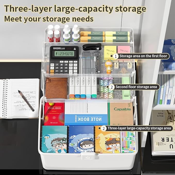 12.9in Three-Layer Multipurpose Storage Box with Handle Portable Tackle Box Folding Art & Craft Case Sewing Supplies Organizer for Makeup, Medicine, Nail, Hair Accessories (White)