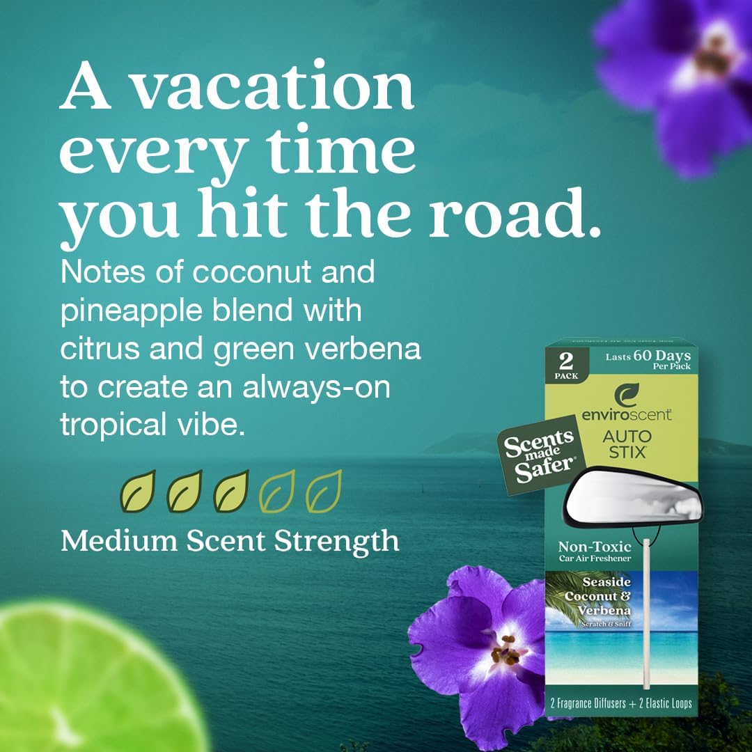 Enviroscent Non-Toxic Car Air Freshener (Seaside Coconut & Verbena) Natural Car Air Freshener | Essential Oil Diffuser | Car Scent Lasting Over 180 Days | 3 Packs of 2 Hanging Auto Stix