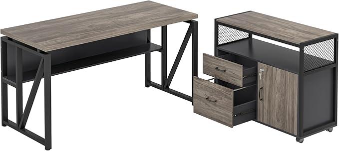 Tribesigns Grey Executive Desk with Cabinet, 55" L Shaped Computer Desk and lateral File Cabinet with Locks, 2 Piece Home Office Furniture Set for Hanging (Gray, 55 inches)