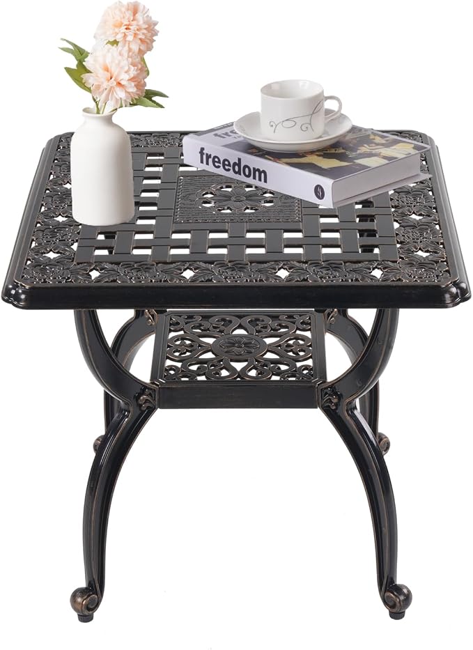Cast Aluminum Outdoor Side Table,Small Patio Table,Outdoor Coffee Tables for Patio,Garden,Balcony, for All Weather (Copper, Square)