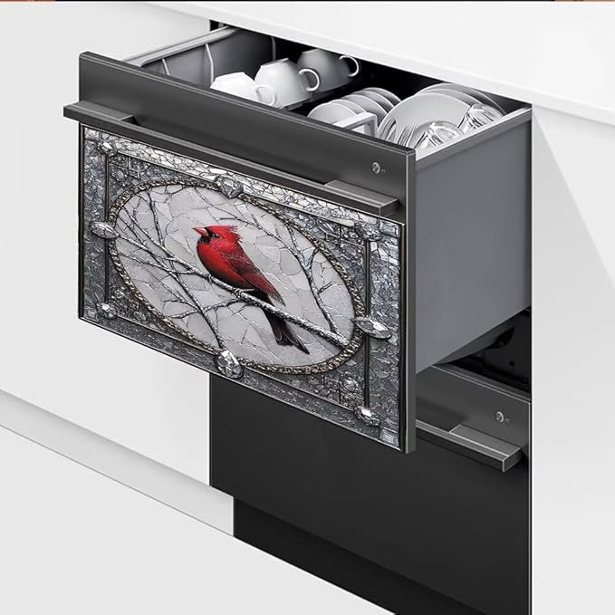 Cardinal Magnet Dishwasher Door Cover Retro Silver Gray Vinyl Panel Decal, Refrigerator Magnetic Skins Cover Reusable Dishwasher Sticker, 23" x 17" Magnetic