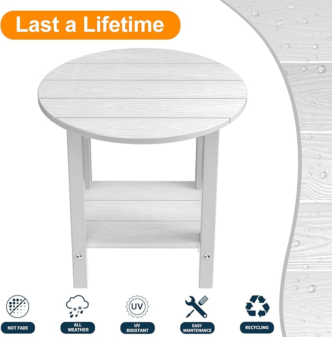 MXIMU Round Outdoor Side Table Adirondack Tables 18 Inch Chairside End Tables with Storage Shelf, 2-Tier Plastic Patio Side Table for Balcony Backyard Lawn (White, 1 Pack)