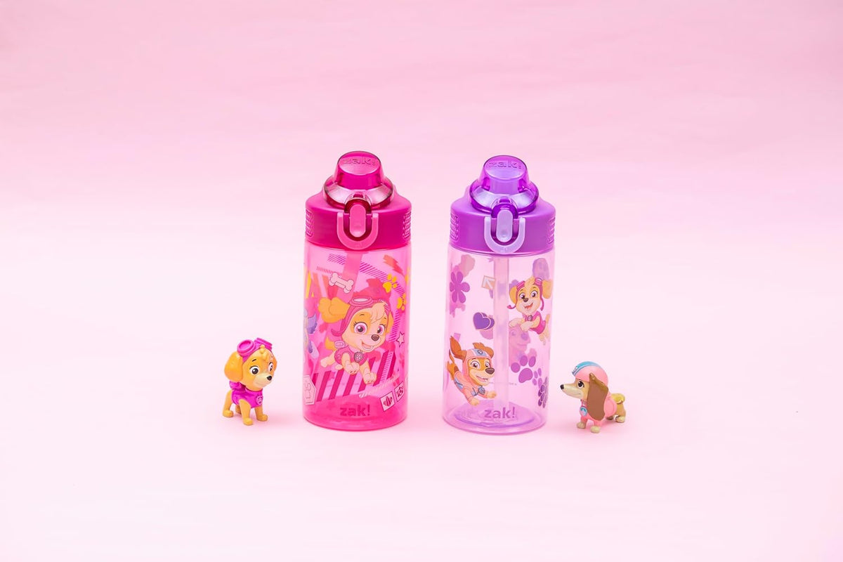 Zak Designs PAW Patrol Sage Kids Water Bottle For School or Travel, 16oz Durable Plastic Water Bottle With Straw, Handle, and Leak-Proof, Pop-Up Spout Cover, 2-Pack Set (Skye & Friends)