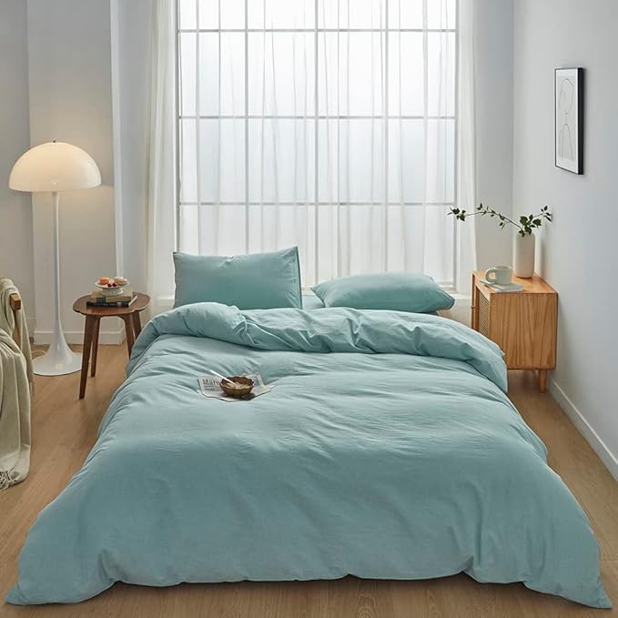 FACE TWO FACE Bedding Duvet Cover Set100% Washed Cotton Duvet Cover Linen Like Textured Breathable Durable Soft Comfy (King, Dusty Blue)