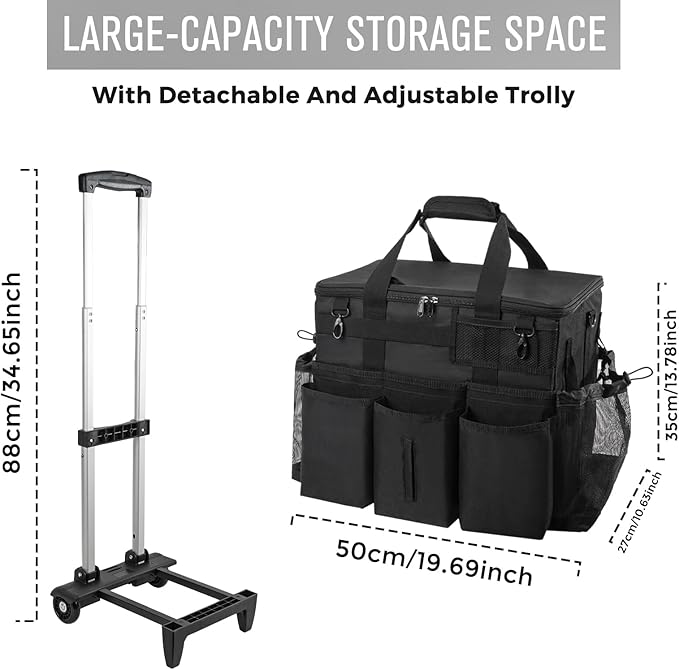 Rolling Cleaning Caddy Bag with Detachable Trolley, Large Cleaning Supplies Organizer with Wheels, Multi Pocket Cleaning Cart with Adjustable Shoulder Strap for Housekeepers & Home Use, Black