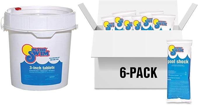 In The Swim Chlorine and Shock Bundle for Sanitizing Swimming Pools – Includes 10 Pound Bucket of 3 Inch Stabilized Chlorine Tablets and 6 x 1 Pound Bags of 68% Cal-Hypo Pool Shock