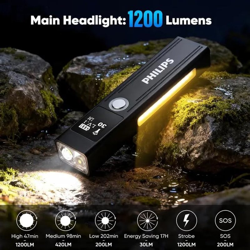 PHILIPS SFL6256 Rechargeable EDC Flat Flashlight with Green Laser, Warm and White LED Combo,1200 High Lumens Aluminium Portable Pocket Lights with 9 Modes,Triple Sources for Outdoors Emergency Working