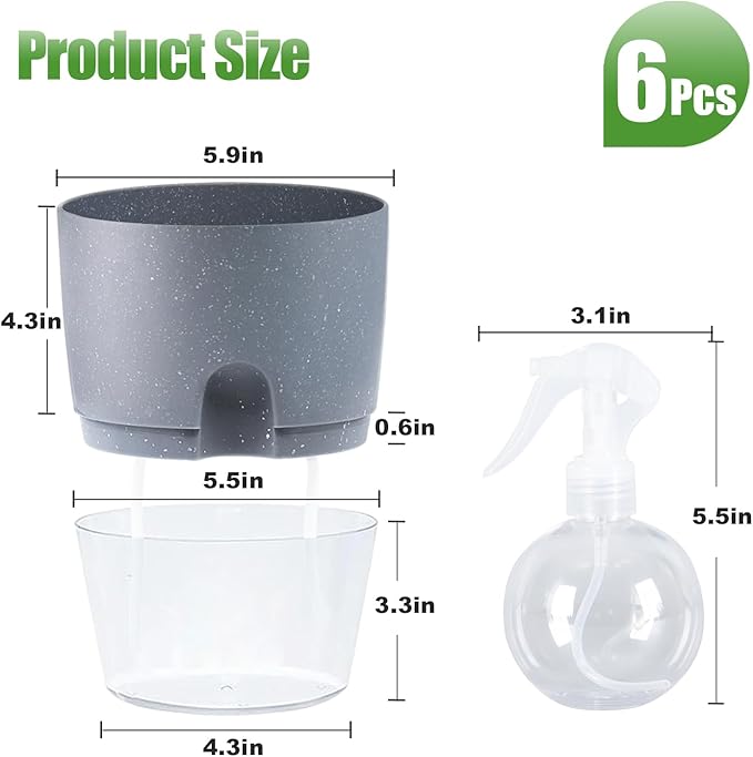 Oliz 6 Inch Self Watering Pots for Indoor Plants, 6 Pack Grey Plastic Flower Pots with Drainage Holes for African Voilet Herbs All House Plants (Include 1 Spray Bottle)