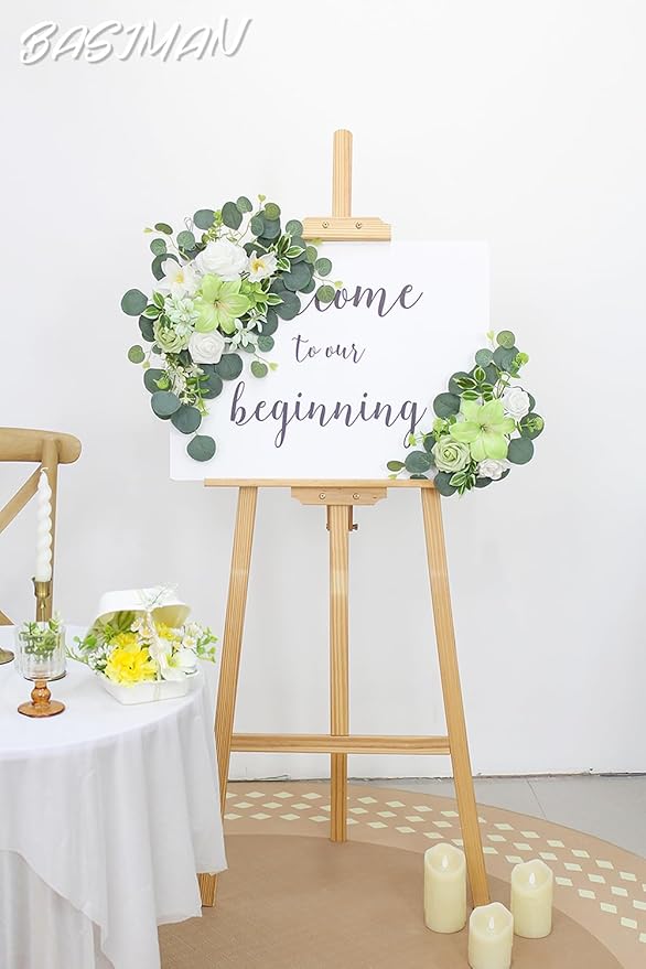 2pcs Wedding Arch Flowers,Wedding Welcome Sign,centerpieces for Tables,Reception Backdrop Table Decorations Welcome Sign(Green)