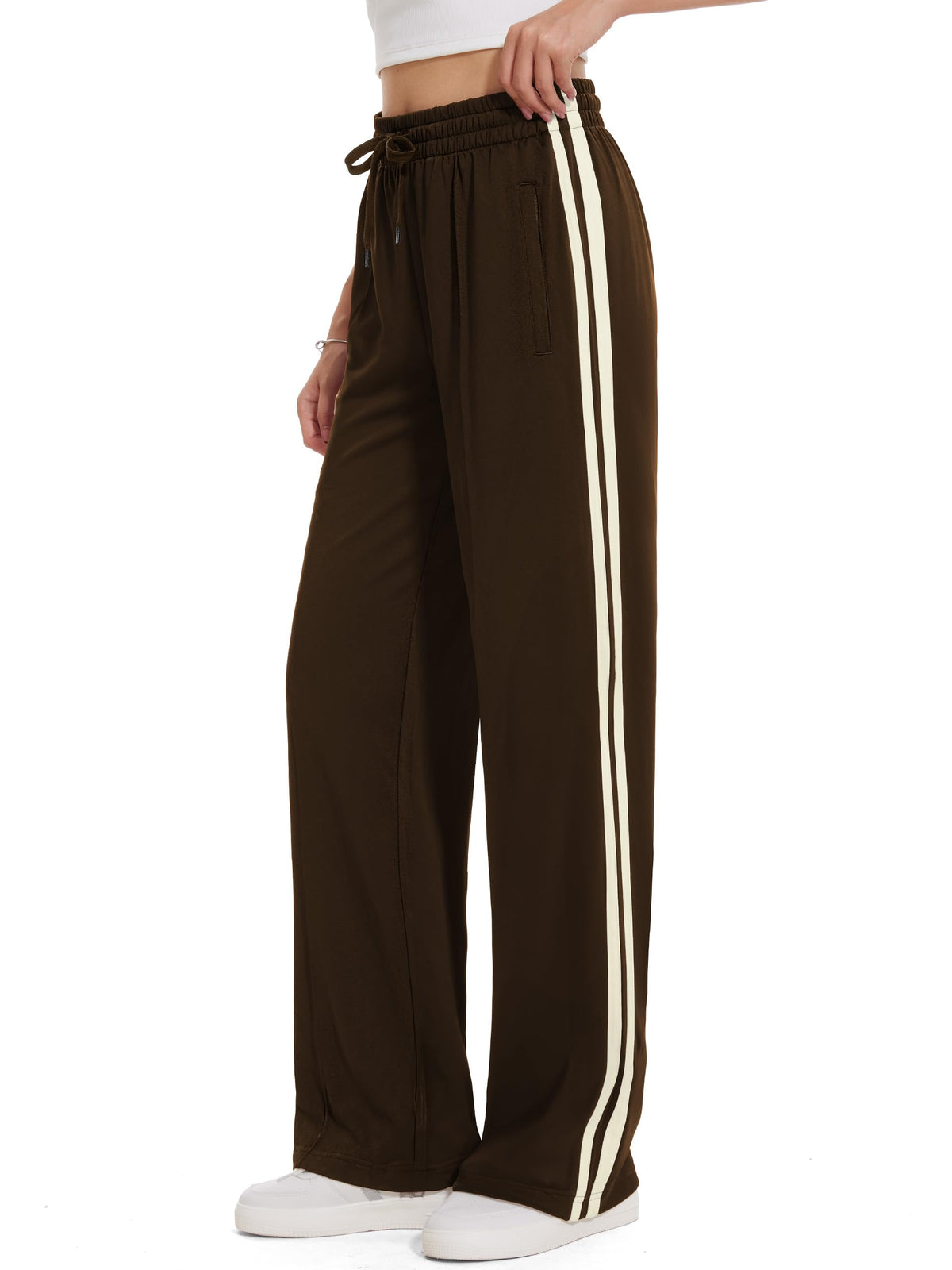 Tapata Womens 30" Inseam Track Pants Relaxed Fit Striped Workout Sweatpants Elastic Waist Baggy Trousers Zipper Pockets, Brown, L
