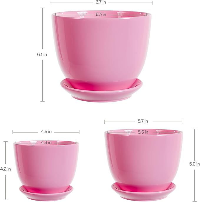 Pink Ceramic Flower Pots,Indoor Decorative Plant Pots Set of 3-4"+5"+6" Inch Small Glazed Succulent Planters with Drainage Hole,Modern Garden Pots with Saucer