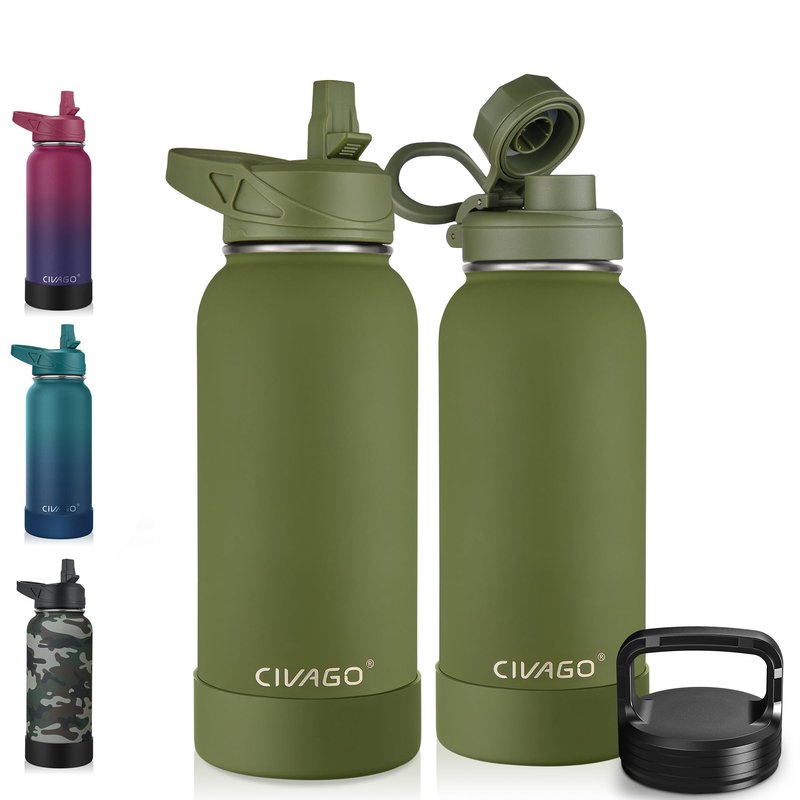 CIVAGO 32 oz Insulated Water Bottle With Straw, Stainless Steel Sports Water Cup Flask with 3 Lids (Straw, Spout and Handle Lid), Wide Mouth Travel Thermal Mug, Army Green