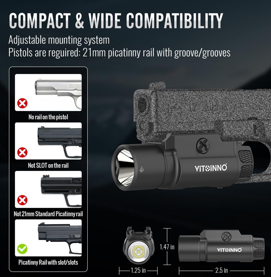 Skiennix 1750 Lumen Tactical Flashlight - Rechargeable Pistol Light with Strobe & Moonlight Mode