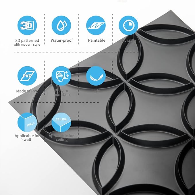 Art3d PVC 3D Wall Panel Interlocked Circles in Matt Black Cover 32 Sq.ft